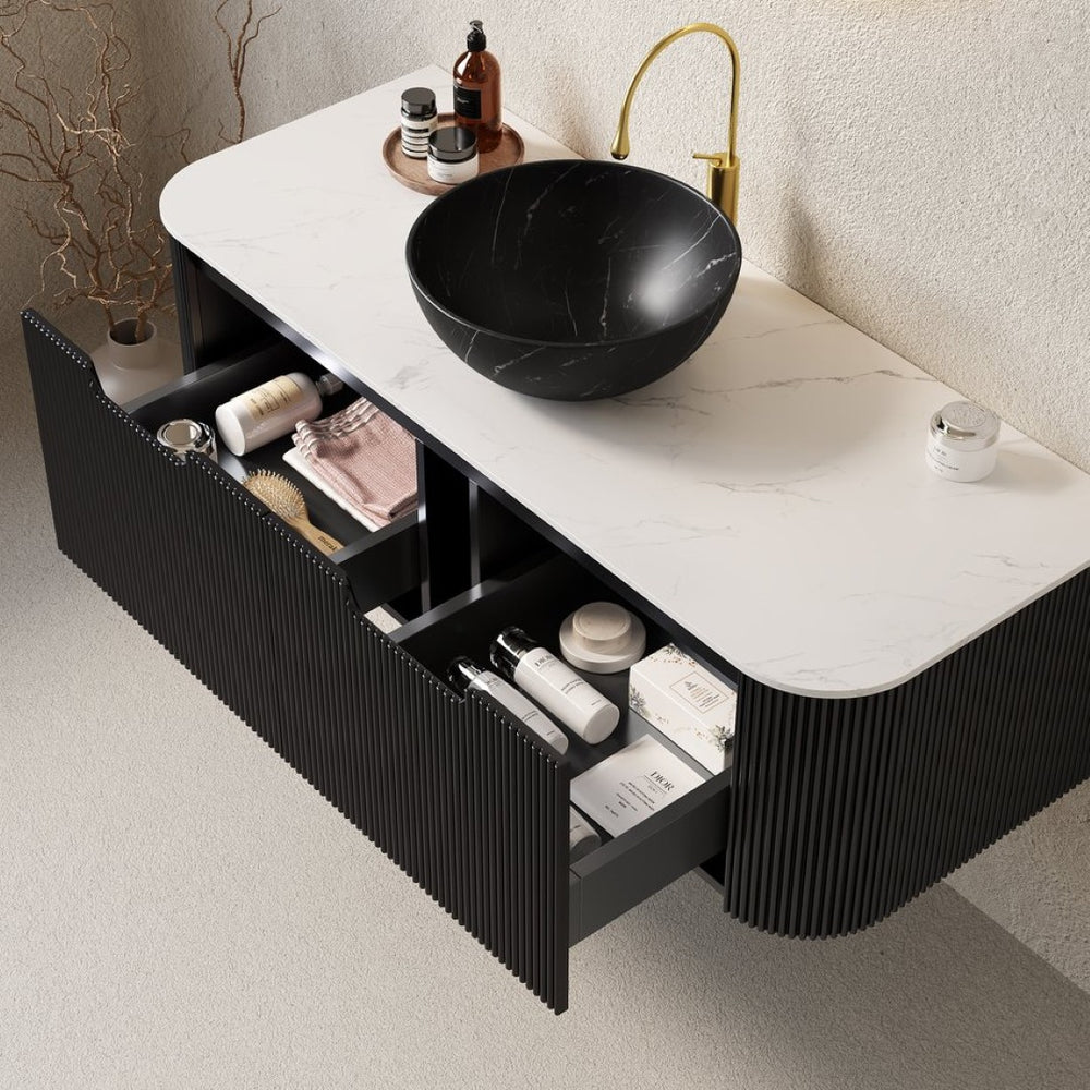 English Elm Dina Floating Bathroom Vanity with Crystal Glass Basin and Sintered Stone Top Black,White W2615S00266