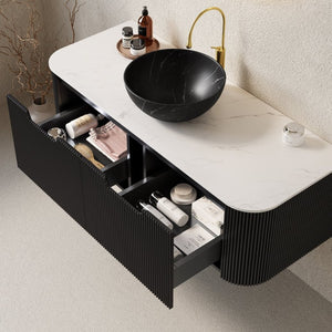 English Elm Dina Floating Bathroom Vanity with Crystal Glass Basin and Sintered Stone Top Black,White W2615S00266