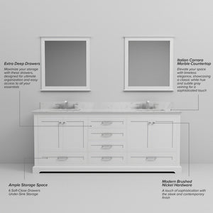 English Elm White Double Bath Vanity 80" W x 22" D with Carrara Marble Top, Soft-Close Drawers & Chrome Faucet Set B2731P258396