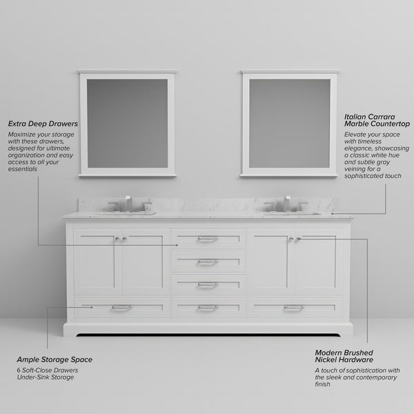 English Elm White Double Bath Vanity 80" W x 22" D with Carrara Marble Top, Soft-Close Drawers & Chrome Faucet Set B2731P258396