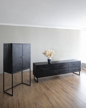 English Elm 86.5x20x30.5" Cabinet, Black — Acacia Wood & Iron Sideboard with Dual Drawers, Spacious Top, Modern Storage W2078P293287