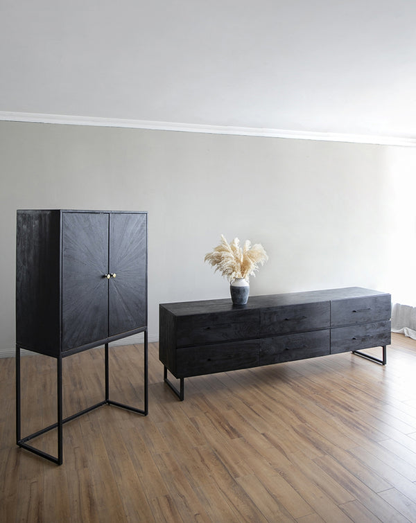 English Elm 86.5x20x30.5" Cabinet, Black — Acacia Wood & Iron Sideboard with Dual Drawers, Spacious Top, Modern Storage W2078P293287