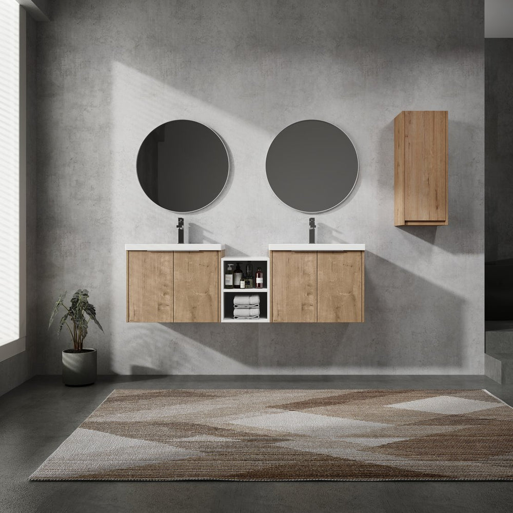 English Elm 60" Modern Wall-Mounted Bathroom Vanity Combo With Soft Close Doors, Dual Sinks & Side Cabinet Storage W999S00226