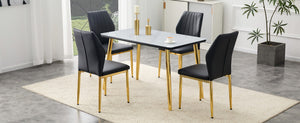 English Elm Table and Chair Set Marble Glass Top Gold Legs Modern 5 Piece Dining for Small Spaces Black,White+Gold W1151S04652