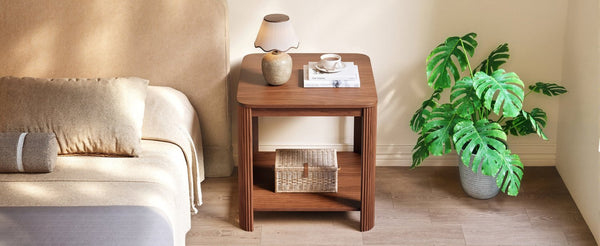 English Elm Rounded Square End Tables Set of 2 Boho Walnut with Wave Legs and Open Shelf W5563P449958