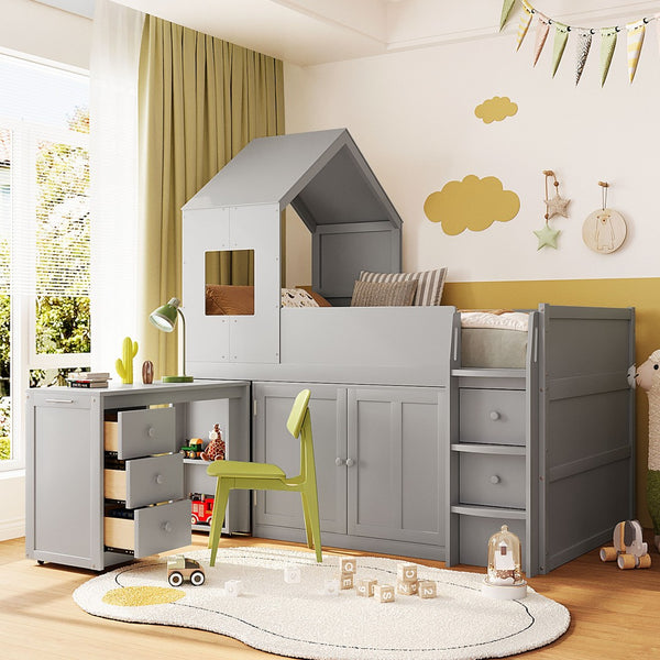English Elm Twin House Loft Bed with Pull Out Rolling Desk Stair Drawers and Cabinet Storage Gray N820S00072E