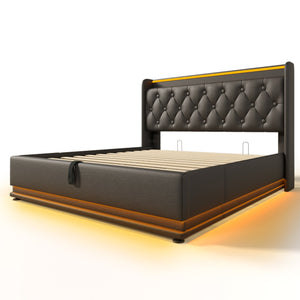 English Elm Queen Upholstered Bed with Surround LED, App/Remote Control, Hydraulic Storage, USB Type-C Charging Black N736P188807B
