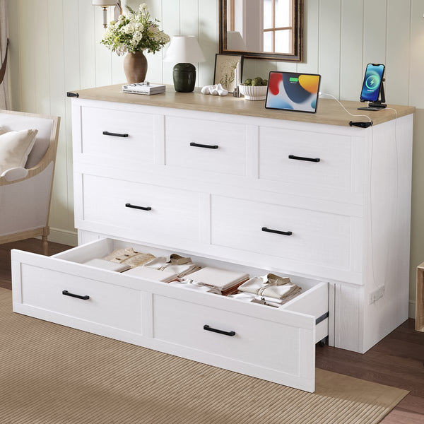English Elm Murphy Full-Size Cabinet Bed with Built-In Charging Station, Storage Drawer & 700lb Capacity Comfort White 57.25 L x 27 W x 6 H N733S293997W