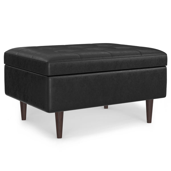 English Elm Shay Mid Century Storage Ottoman Coffee Table with Lift-Top, Tufted Vegan Leather, Wood Frame Distressed Black B136P252679