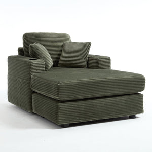 English Elm [New]Corduroy Upholstered Chaise Lounge Sofa with Detachable Cushions, Deep Seat, Cup Holders Green W2120P322754