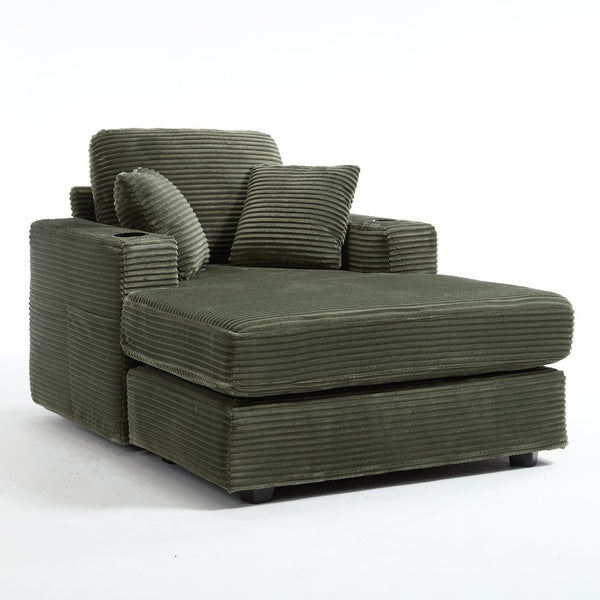 English Elm [New]Corduroy Upholstered Chaise Lounge Sofa with Detachable Cushions, Deep Seat, Cup Holders Green W2120P322754