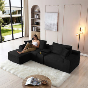 English Elm Modular Cloud Sectional Sofa with Corduroy Deep Seating Usb Ports and Storage Ottoman Black W1117S00360