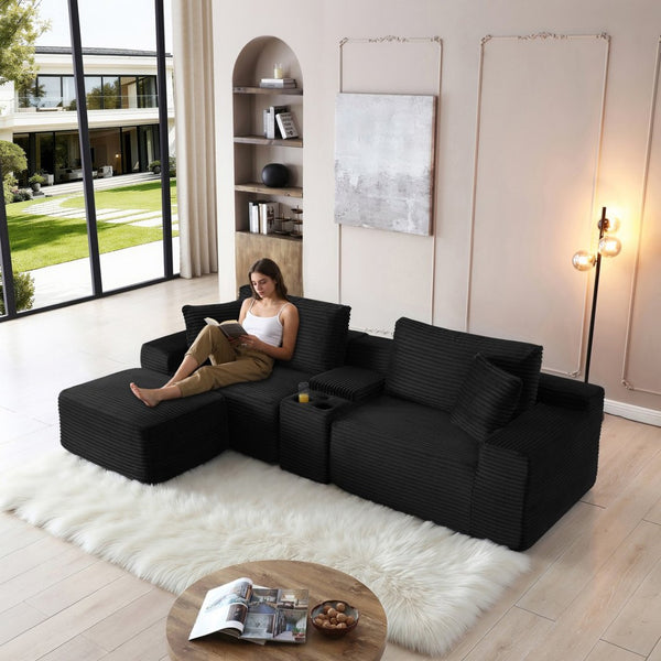 English Elm Modular Cloud Sectional Sofa with Corduroy Deep Seating Usb Ports and Storage Ottoman Black W1117S00360