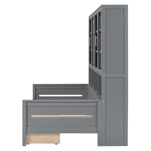 English Elm Twin Size Wooden Daybed With Stylish Glass Cabinets, Led Lighting & Open Shelves For Modern Spaces N820S00050E-GIGA