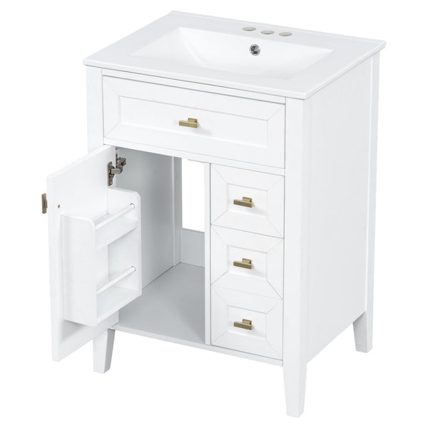 English Elm "24'' 24 Inch Glossy Freestanding Bathroom Vanity with Gold Hardware and Soft Close Storage White Rubberwood N725P448529K