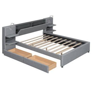 English Elm Queen Linen Upholstered Platform Bed with Storage Drawers, Trundle, Flip-Up Headboard & Lights Gray SF000187AAE