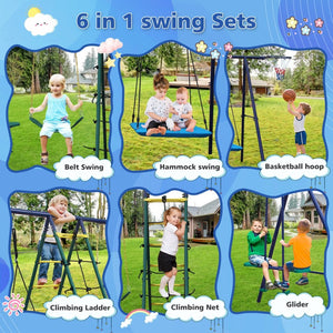 English Elm 6 Activity Steel A-frame Backyard Swing Set with Hammock Glider Climbing Net Hoop W1408P367264