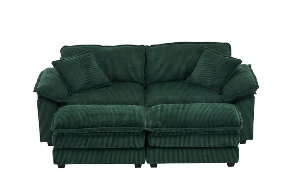 English Elm Corduroy Plush 2-Seat Sofa with 2 Back Cushions, Toss Pillows & Ottomans — Deep Seat Comfort Green W2363S00065
