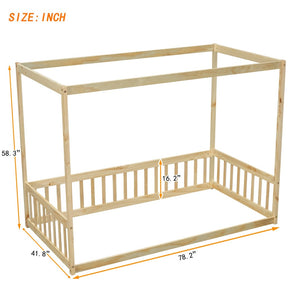 English Elm Twin Canopy Frame Floor Bed With Guardrails - Cozy, Safe Pine Design For Kids' Imaginative Spaces W504P143279-GIGA