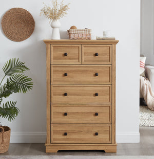 English Elm 6 Drawer Dresser Oak Finish Tall Chest with Silent Metal Rails, Modern Handles, Spacious Storage W2275P206605