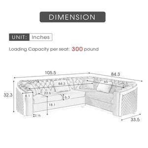 English Elm 106 Inch Velvet Tufted Chesterfield Sectional with Gold Steel Legs for Large Living Rooms Beige W1191S00128