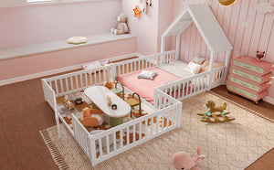 English Elm Full Full Size House Floor Bed with Door & Guardrails, Solid Wood Playful Design for Kids, Safe and Durable White W1580P327130