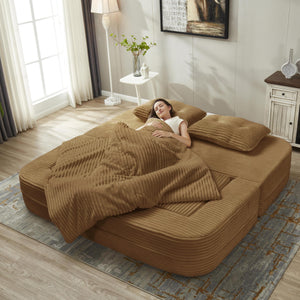 English Elm Multi Functional Sectional Sofa Bed Plush Corduroy Convertible 80" King Sleeper with Chaise, Deep Fluff Camel W3219P339468