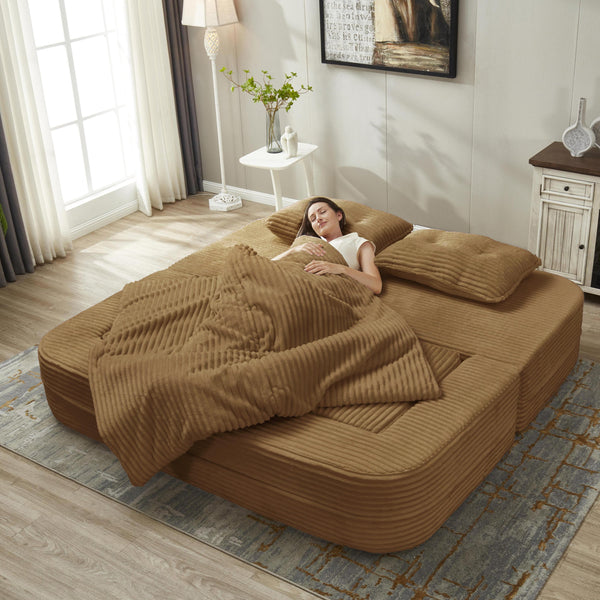 English Elm Multi Functional Sectional Sofa Bed Plush Corduroy Convertible 80" King Sleeper with Chaise, Deep Fluff Camel W3219P339468