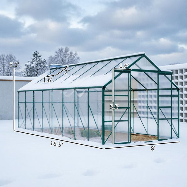 English Elm Outdoor Walk-in Aluminum Polycarbonate Greenhouse Kit with Roof Vent and Rain Gutter T3971S00236