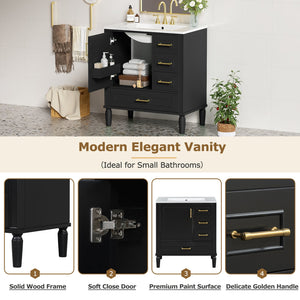 English Elm Traditional 30" Bathroom Vanity with Ceramic Basin, Soft-Close Door & Drawers, Gold Handles, Durable Wood Finish Black N729P184479B