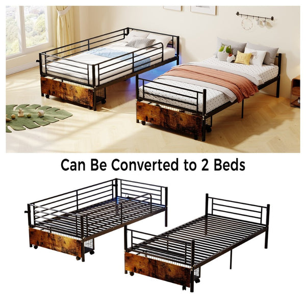 English Elm Bunk Bed Twin Iron Frame with Usb Charging Built in Guardrail and Convertible Design W3752P430830