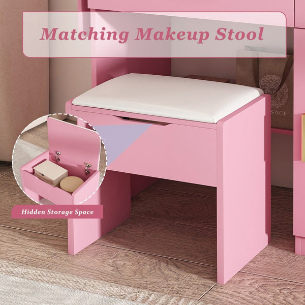 English Elm Vanity Desk with Led Mirror Power Station 3 Drawers Shelves and Makeup Stool W2700P342539