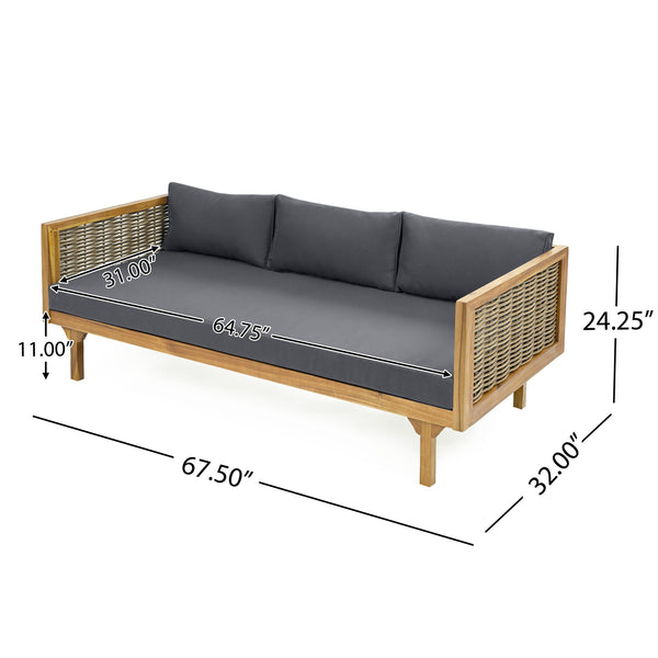English Elm Christopher Knight Home® - Wicker Outdoor Patio Daybed and Coffee Table Set — All-Weather Acacia Frame, Water-Resistant Cushions DARK GREY,Teak N770P234486F_N770P205570A