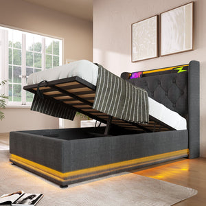 English Elm Twin Upholstered Bed with Hydraulic Storage, Surround LED, App/Remote Control & USB Type-C Charging Gray N736P188805G