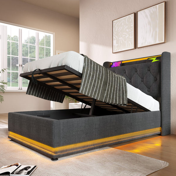 English Elm Twin Upholstered Bed with Hydraulic Storage, Surround LED, App/Remote Control & USB Type-C Charging Gray N736P188805G