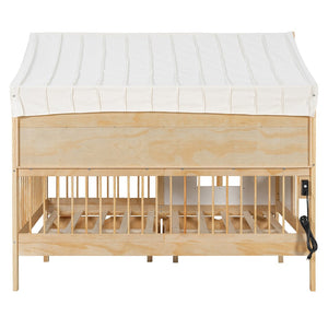 English Elm Full Size Kids House Bed with Led Bookshelf Storage Drawers and Charging Station Natural LP000378AAN