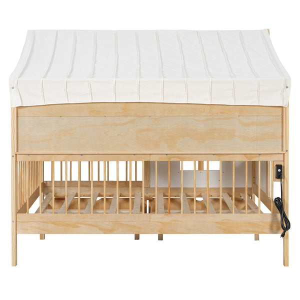 English Elm Full Size Kids House Bed with Led Bookshelf Storage Drawers and Charging Station Natural LP000378AAN