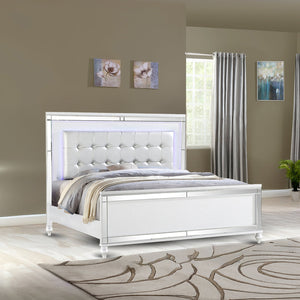English Elm Sterling King Upholstered LED Bed White with Crystal Tufted Headboard, Mirror Front Glam Design B009S01818