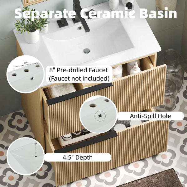 English Elm Christopher Knight Home® - 30" Bathroom Vanity With Ceramic Sink, Soft-Close Drawers & Fluted Natural Finish For Elegant Style N817P295760N