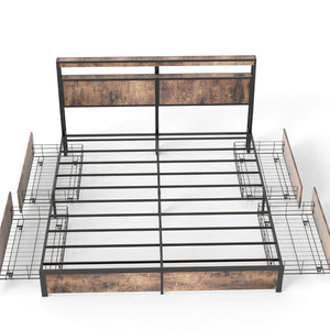 English Elm Queen Metal Platform Bed with Rgb Led Headboard Charging Station and Underbed Storage T3963P482840