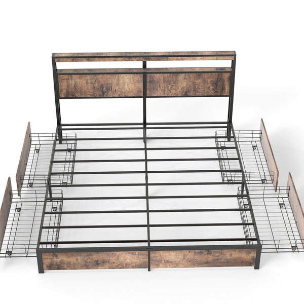 English Elm Queen Metal Platform Bed with Rgb Led Headboard Charging Station and Underbed Storage T3963P482840