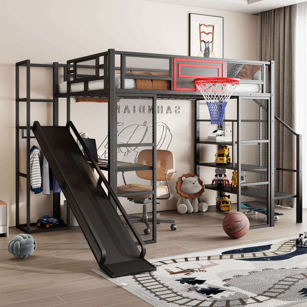 English Elm Full Full Size Metal Loft Bed with Built-In Desk, Slide, Basketball Hoop and Open Wardrobe Storage Black GX001524AAB
