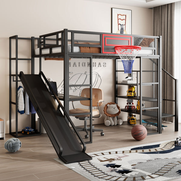 English Elm Full Full Size Metal Loft Bed with Built-In Desk, Slide, Basketball Hoop and Open Wardrobe Storage Black GX001524AAB