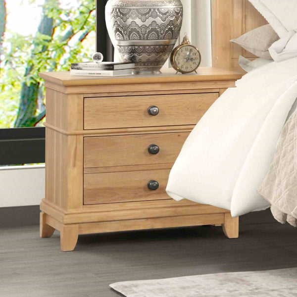 English Elm Farmhouse Natural Oak Nightstand with Felt-Lined Top Drawer, Dovetail Pecan Veneer 3-Drawer Table B2741P406814