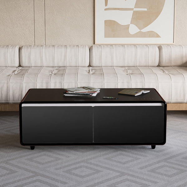 English Elm Modern Smart Coffee Table with Built-in Dual Fridge, Bluetooth Speakers, 15W Wireless Charge, RGB Lights Brown+Black W1172P320210