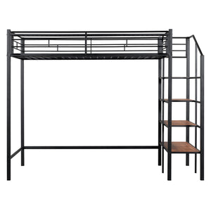 English Elm Twin Metal Loft Bed with Upper Grid Storage Shelf and 4-Layer Ladder Shelves for Space Saving Black SF100081AAB