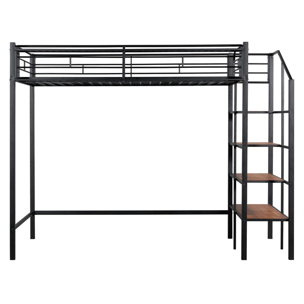 English Elm Twin Metal Loft Bed with Upper Grid Storage Shelf and 4-Layer Ladder Shelves for Space Saving Black SF100081AAB