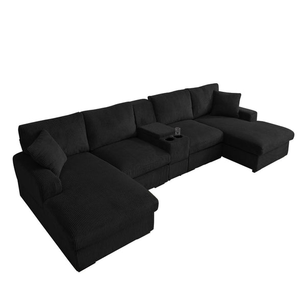 English Elm U Shaped Oversized Sectional Sofa with Double Chaise Console Cup Holders and Usb Port Black W1117S00326