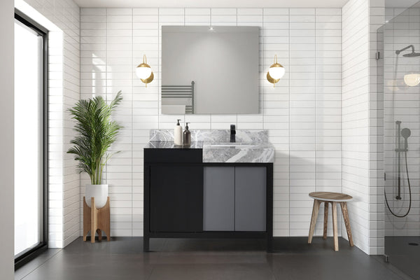 English Elm Black Bath Vanity With Castle Grey Marble Top, Gun Metal Faucet, Soft-Close Drawers & Storage Space B2731P261090