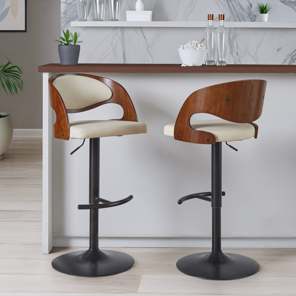 English Elm Adjustable Swivel Barstools Mid-century Modern Walnut and Cream Faux Leather Set of 2 B202S02184
